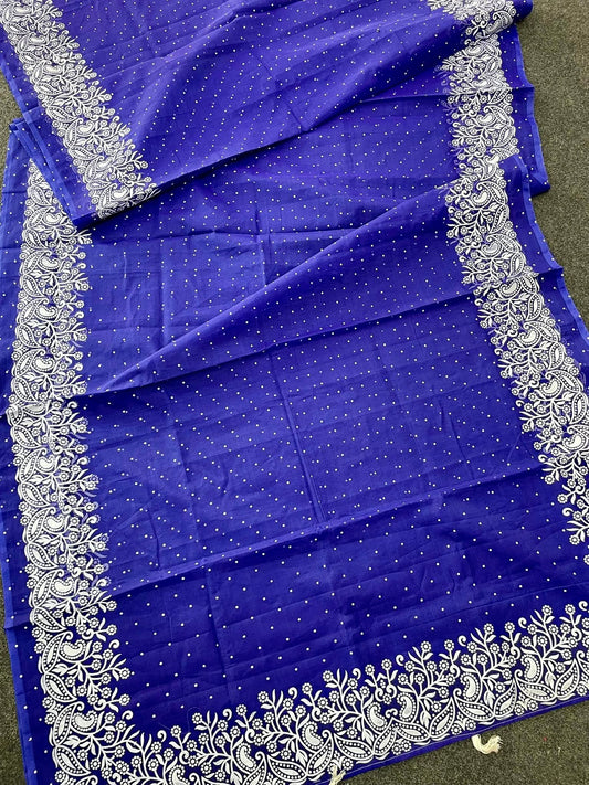 Premium Afshan Print Blue Saree – White Floral Embroidered Border
