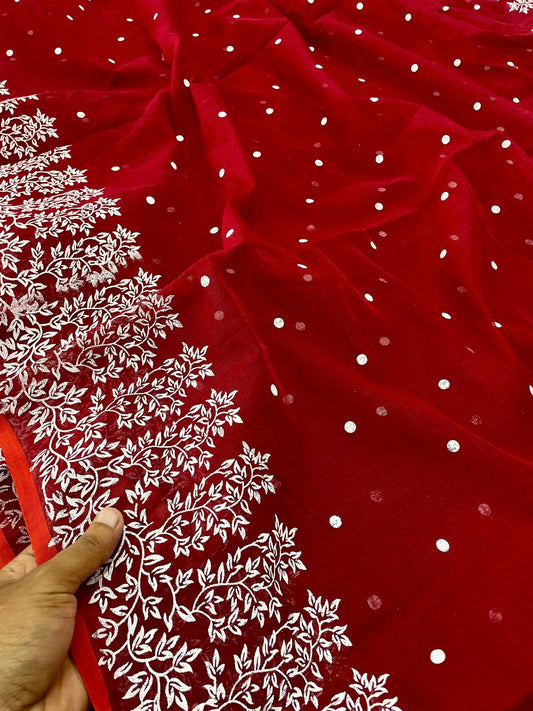 Premium Afshan Print Saree – Elegant Red with White Embroidery Border