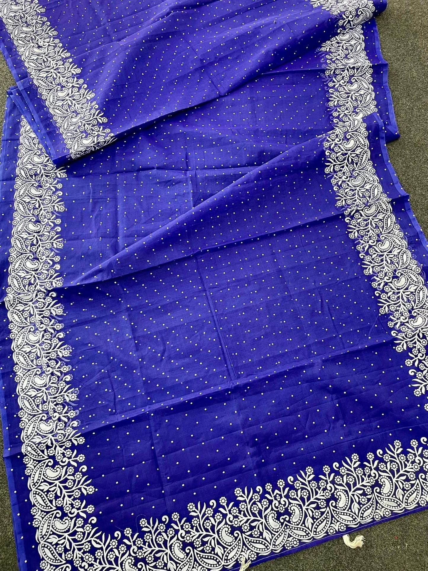 Premium Afshan Print Blue Saree – White Floral Embroidered Border