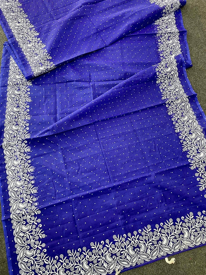 Premium Afshan Print Blue Saree – White Floral Embroidered Border