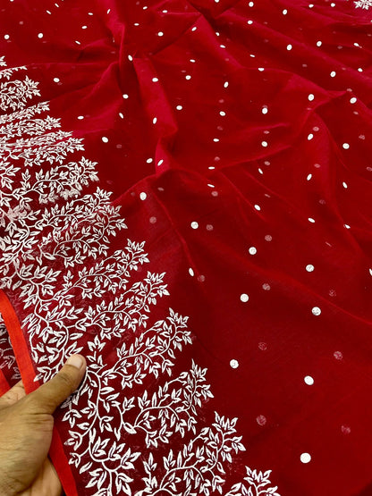 Premium Afshan Print Saree – Elegant Red with White Embroidery Border