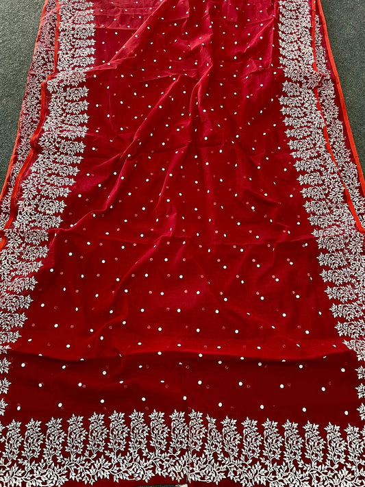 Premium Afshan Print Saree – Elegant Red with White Embroidery Border