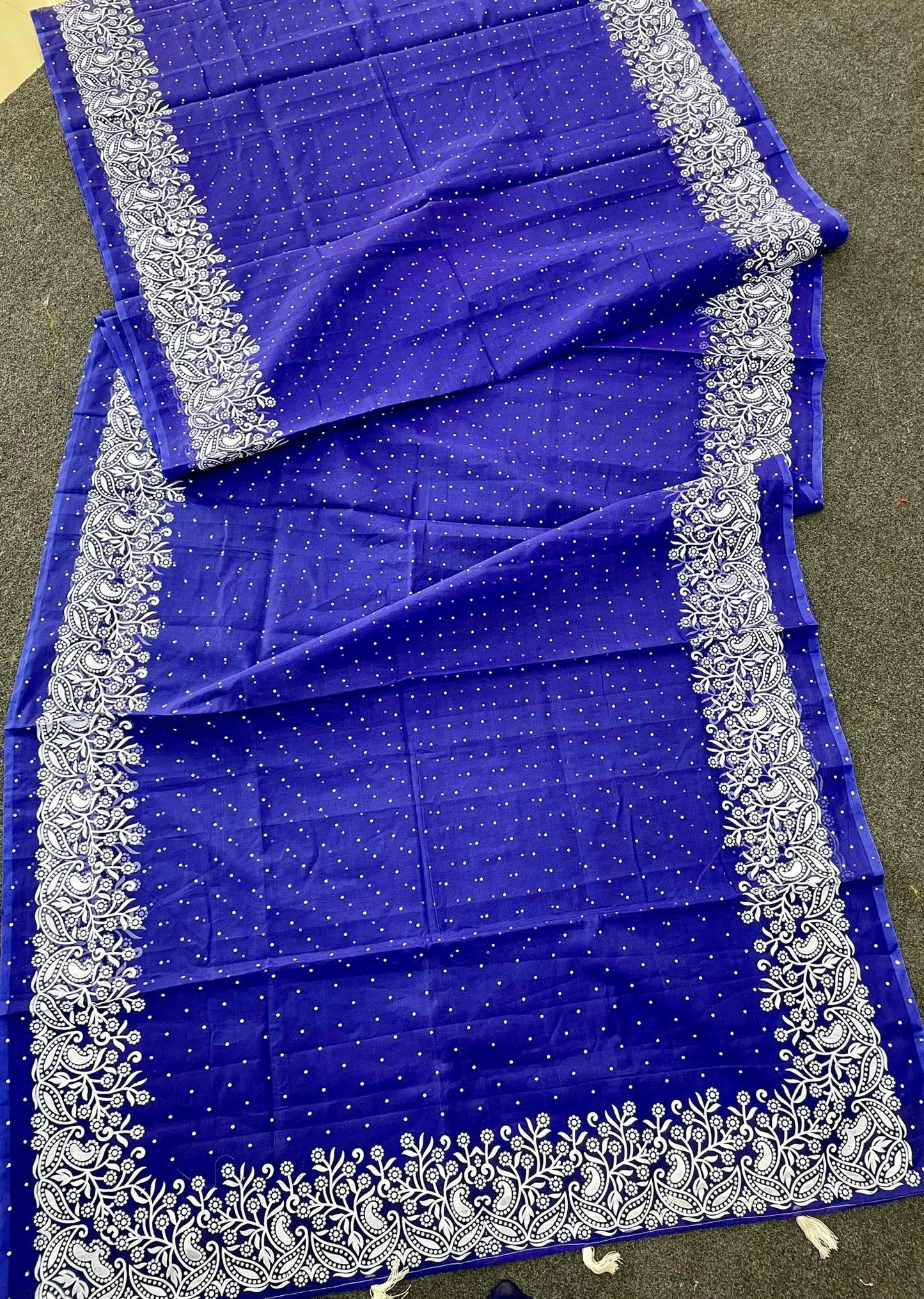 Premium Afshan Print Blue Saree – White Floral Embroidered Border