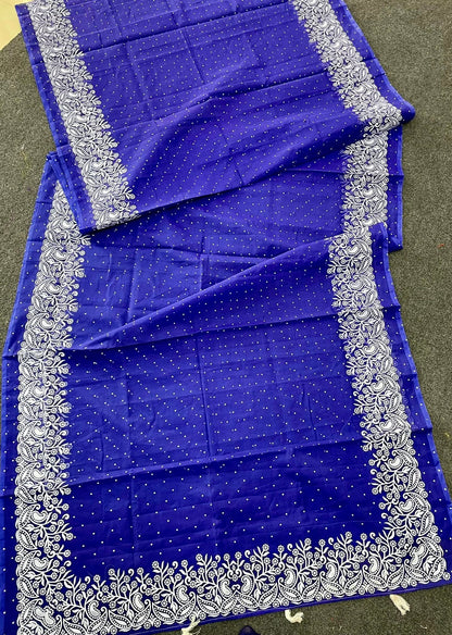 Premium Afshan Print Blue Saree – White Floral Embroidered Border