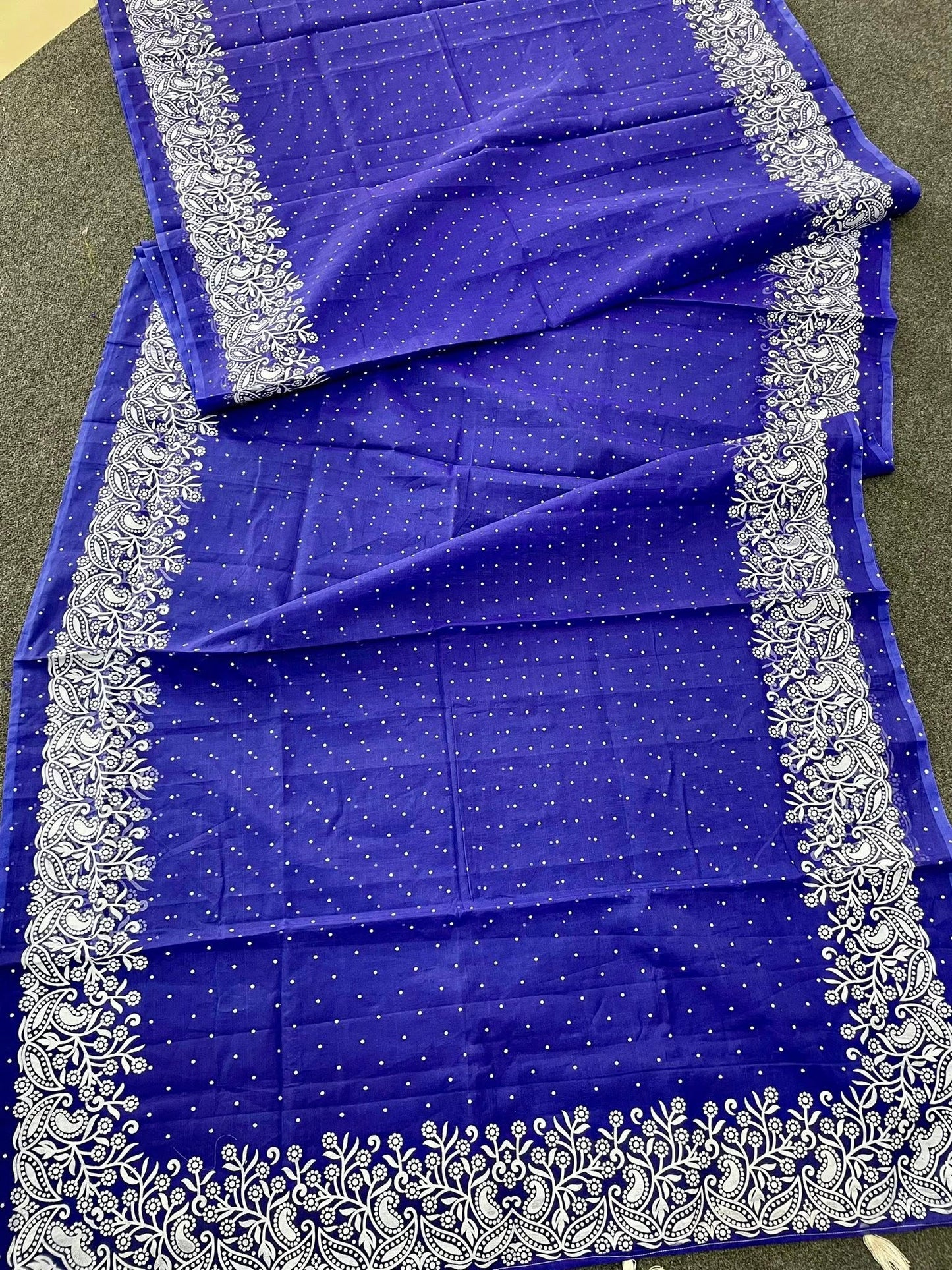 Premium Afshan Print Blue Saree – White Floral Embroidered Border
