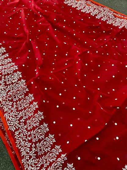 Premium Afshan Print Saree – Elegant Red with White Embroidery Border