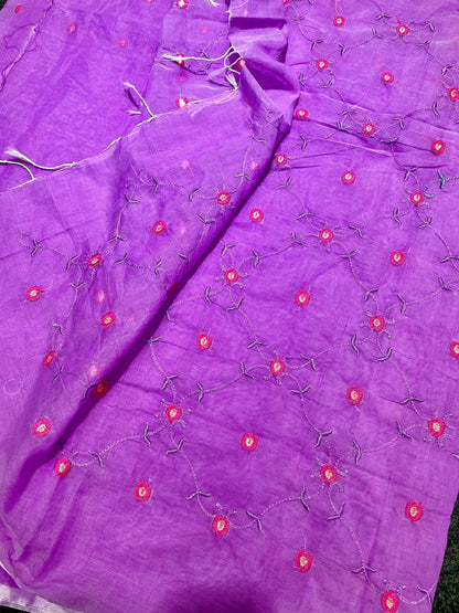 Most viral Semi moslin  Embroidery saree